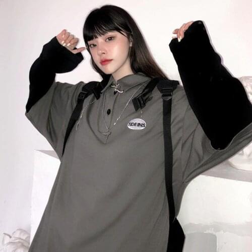 Long-sleeved T-shirt womens 2021 new Korean version of Harajuku loose fake two-piece letter embroidery polo collar womens top