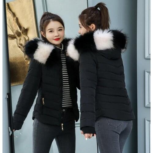 Women Winter Hooded Thick Short Jacket Solid Casual Glossy Warm Cotton Padded Parkas Fur Collar Winter Coat Women