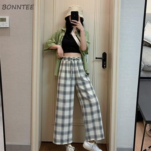 Women Wide Leg Pants Plaid Bandage Casual Retro Loose All-match Ulzzang Fresh Students Elasticity Lazy Daily Females Hot Selling