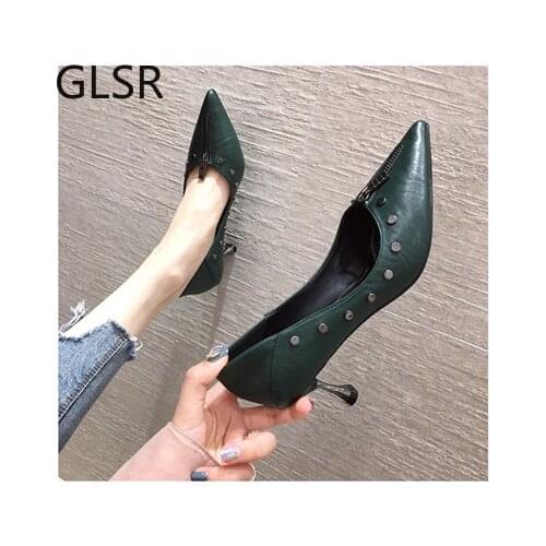 Women fashion pointed toe green slip on stiletto heels for party lady cool black office heel shoes zapatos dama a6528