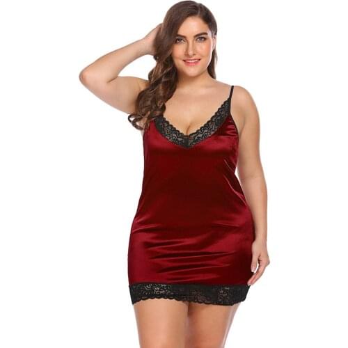 Plus Size 3XL-5XL Lingerie Nightwear Ladies Satin Nightgown Erotic Sexy See-through Lace Babydoll Night Dress Sleepwear Homewear