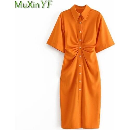 Womens Summer Fashion Long Shirt Dress 2021 Polo Collar Short Sleeve Split Maxi Dresses Lady Solid Orange Graceful Streetwear