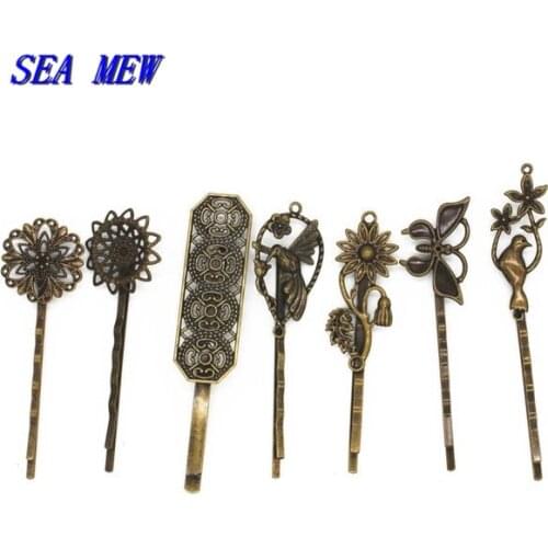 SEA MEW Vintage Metal Copper Hair Clips Antique Bronze Plated Womens Hairgrip Barrettes Setting For Jewelry Making