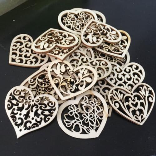 30pcs Wooden Crafts Hollow Carving Flowers Heart Wood Chips Decoration Hanging Ornament DIY Accessories Home Decor Pendant
