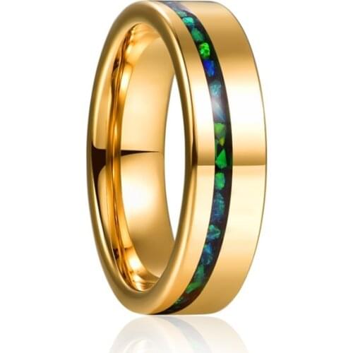 6mm Electric Gold Color Polished Rings For Men Women Inlaid Green Opal Tungsten Carbide Ring