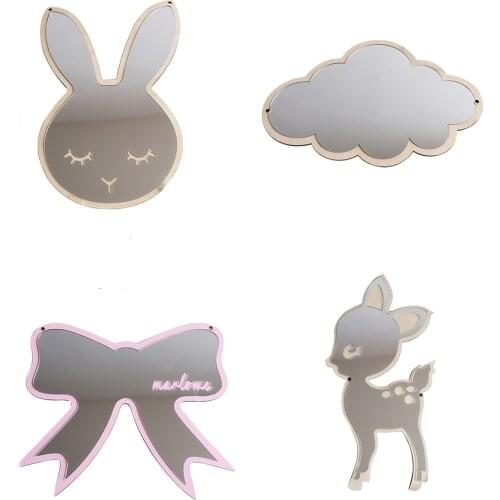 Nordic Style Acrylic Mirror Cartoon Decorative Mirror Wood Rabbit Cloud Acrylic Mirror Frame For Home Baby Nursery Room Decor