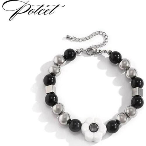 POTCET Unisex Stainless Steel Dark Black Daisy Black Smiley Titanium Steel Bracelet Geometric Retro Hip Hop Party Jewelry