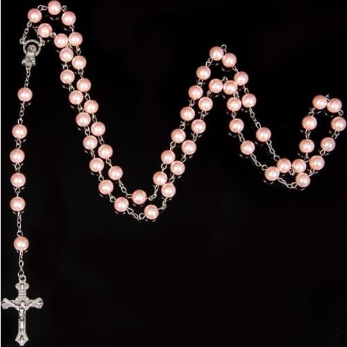 Religion Christian Faux pearl Rosary necklace For Women Virgin Mary Jesus Cross pendant Long beads chains Fashion Jewelry