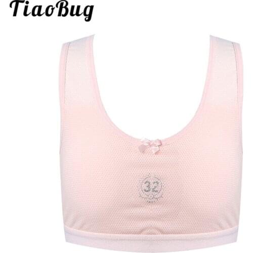 Kids Breathable Cotton Net Elastic Wide Shoulder Straps Padded Racerback Sports Bra Vest Girls Ballet Dancewear Underwear Tops