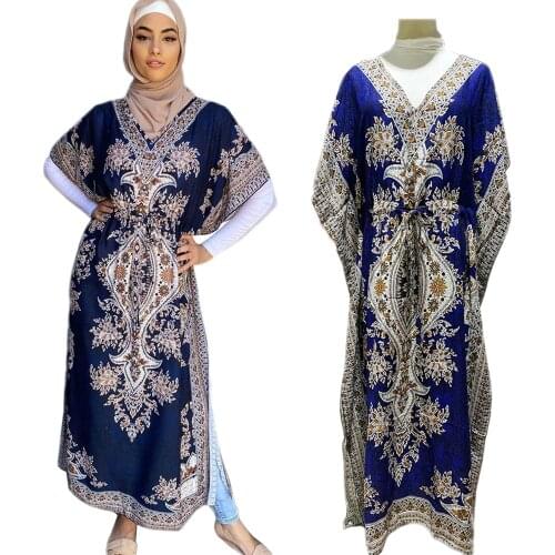 Kaftan Print Ethnic Long Dress Muslim Arabic Abaya Ramadan Islamic Turkish Middle East Dubai Maxi Robe Batwing Sleeve Vestido
