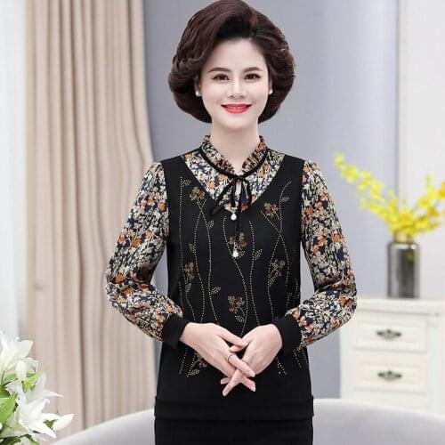 Floral Chiffon Long Sleeve Tshirts 5XL Mother T-Shirts 2021 Spring Autumn New O-Neck Women Tops Bottoming Shirt Clothing