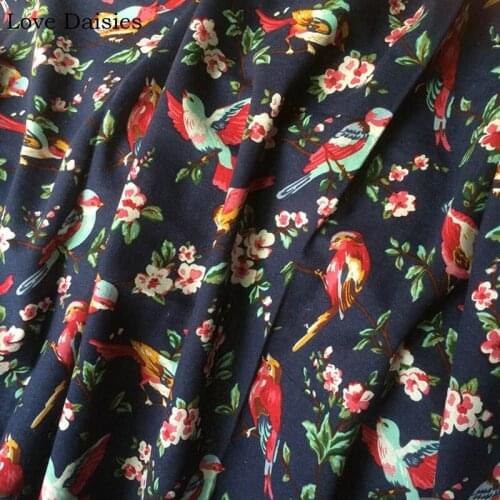 Cotton/Linen DARK NAVY Colorful Birds Pink Flower Floral Fabrics for Tablecloth Curtain Cushions Apparel Cheongsam Craft