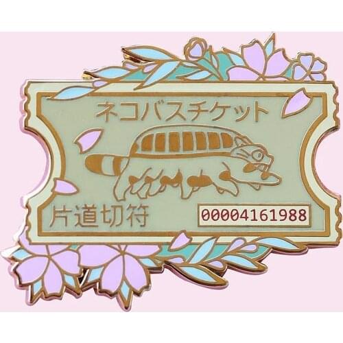 Kawaii Cat Bus One Way Ticket Hard Enamel Pin Kawaii Cartoons Flowers Ticket Brooch Accessories Anime Movie Totoros Fans Jewelry