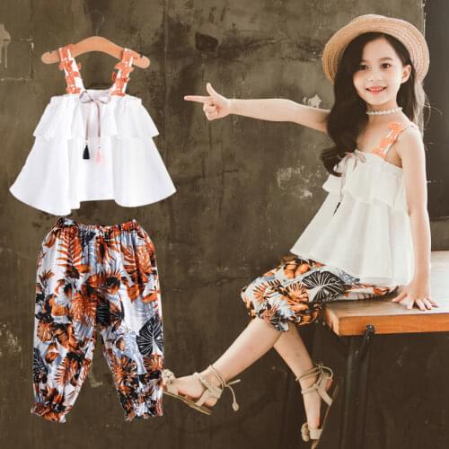 Teenager Girl Clothes Summer Kids Fashion Sling Tops Floral Pants Two Piece Set Children Suit Girls Outfits 4 5 8 9 10 12 Years