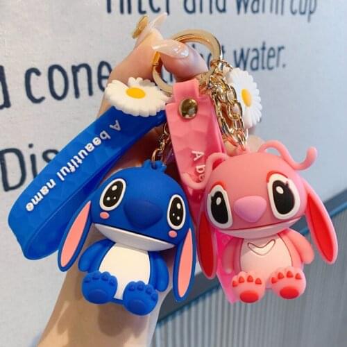 Disney Cartoon Cute Stitch doll pink Blue Little daisy Silicone Key chain ring pendant Toy for Girls Gift