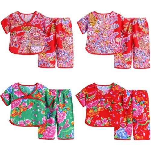 Summer Red Peony Children Clothes Toddler Girl Combination Pajamas With Shorts Kid 2 Piece Sets Child T Shirt Casual Costumes