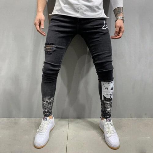 2021 European and American style mens ripped elastic feet jeans foreign trade printing black jeans men
