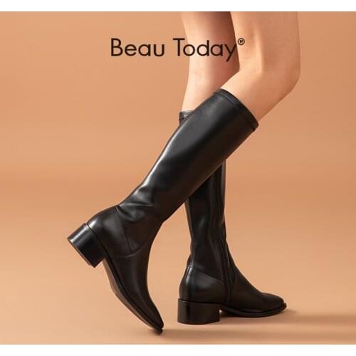 BeauToday Long Boots Women Cow Leather PU Patchwork Knee High Boots Square Toe Side Zip Winter Ladies Thick Heel Shoes 01434