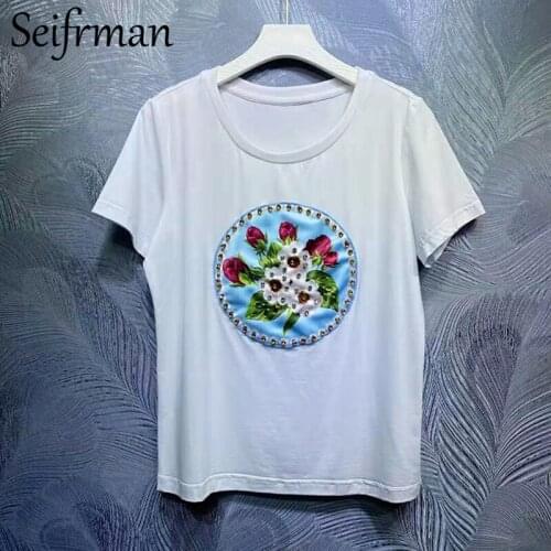 Seifrmann New 2021 Summer Women Fashion Runway Cotton T-Shirts Short Sleeve Gorgeous Crystal Beading Printed Tops Loose Tees