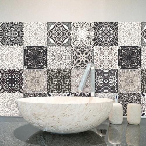 Gray Mandala Pattern Floral Ornament Ceramic Tiles Wall Sticker Stair Kitchen Home Decor Wall Decals Peel & Stick Art Wallpaper