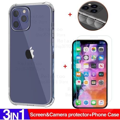 3in1 camera glass case on for iphone 12 mini 12pro protective glass for iphone 12 pro max smartphone case shockproof cover coque