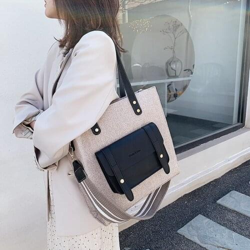 Designer wide strap handbag pu patchwork messenger bag female shopper big tote casual linen large capacity women shoulder bags