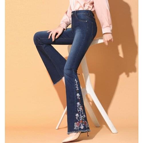 2020 Women Vintage Side Slit Flare Jeans Elastic Denim Pants Bell Bottoms Trousers Fashion Casual Skinny Jeans For Women Jeans