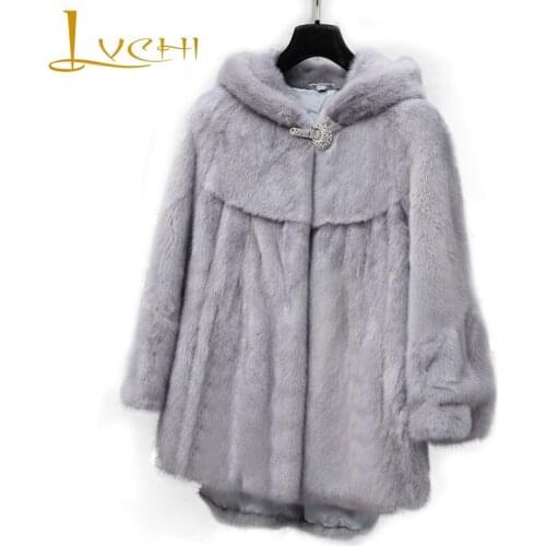 LVCHI Winter 2019 Real Mink Fur Coats Womens Long Sleeve With Fur Hood Grey Mink Coat Full Pelt Button Medium Slim Mink Coats