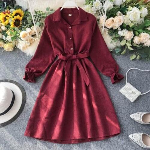 Autumn Dress Women Turn Down Collar Flare Sleeve Sashes High Waist Single-breasted A-line Dress Vintage Shirt Dress Vestidos