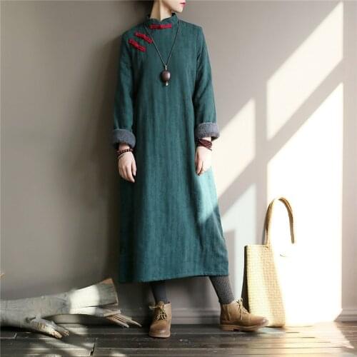 Johnature 2020 Winter New Long Sleeve Dress Women Stand Warm Robes Button Chinese Style Cheongsam Vintage Thick Women Dresses