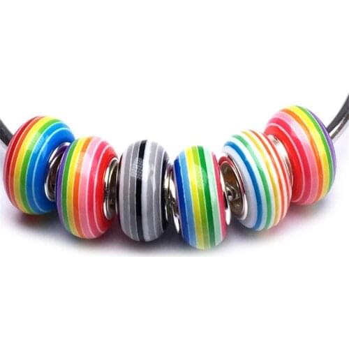 10Pcs Big Hole Rainbow Stripe Mixed Colorful Round Loose Resin Glass Beads Charms Fit DIY Pandora Bracelet For Jewelry Making