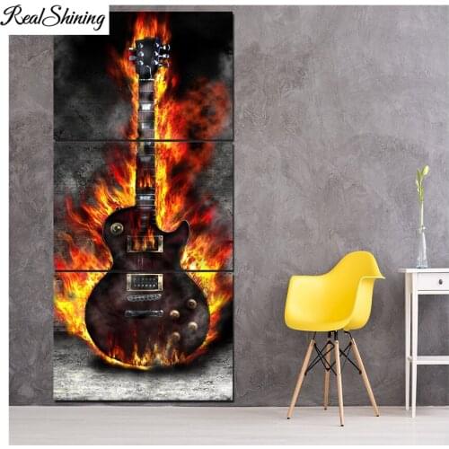 5d square round stones full diamond embroidery 3 Pcs Burning Guitar Rock Electric Music diamond painting mosaic hobby decor F158