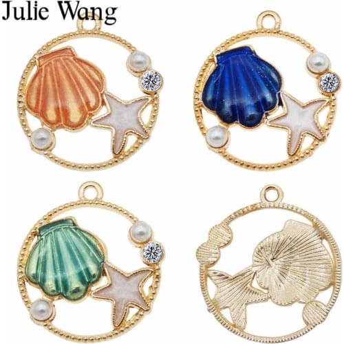 Julie Wang 6PCS Shell Starfish Charms Enamel Colorful Gold Tone Bracelet Necklace Alloy Pendant Jewelry Making Accessory