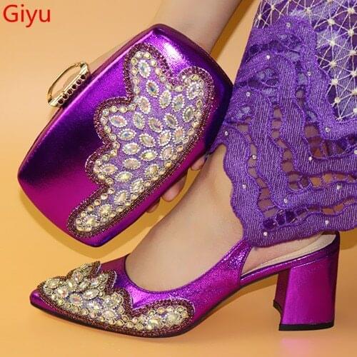 Doershow New Arrival African Wedding purple Shoes and Bag Set / Italian Shoes with Matching Bags Nigerian Women party HLO1-21