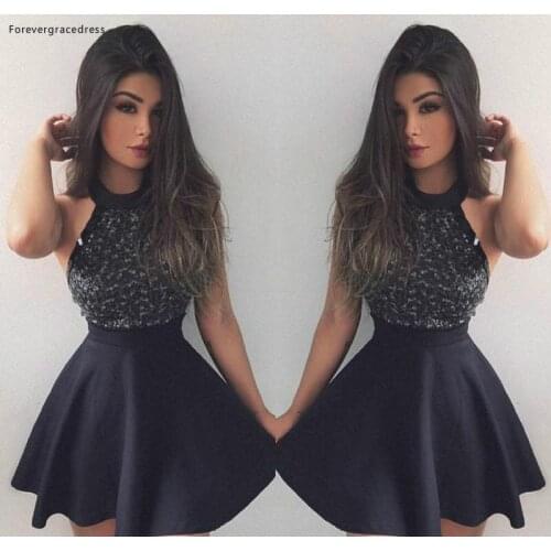 2019 Black Beaded Cocktail Dress A Line Jewel Neck Short Mini Club Wear Homecoming Party Gown Plus Size Custom Make