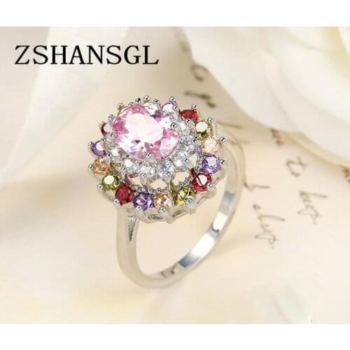 Romantic Ring Pave setting 5A Multicolor Zircon CZ Sterling Sliver Wedding Band Rings set For Women Bridal bijoux