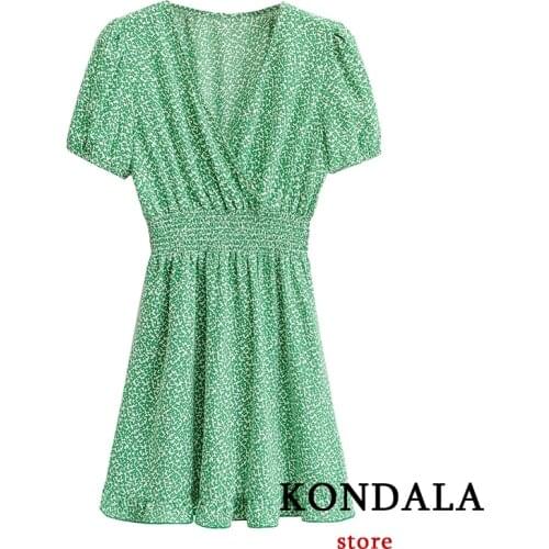 KONDALA Women Dress Za Summer 2021 New Flower Printed Green Vintage V Neck Ldies Mini Dress Puff sleeve Mujer Vestidos