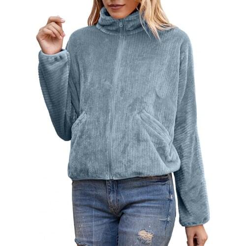 80% HOT SALES！！！Women Autumn Winter Rib Pocket Stand Collar Coat Warm Flannel Jacket Outerwear