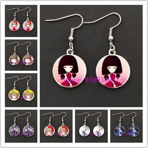 Cute pretty girl cartoon glass cabochon womens earrings happy cute girl anime earrings birthday party jewelry gift
