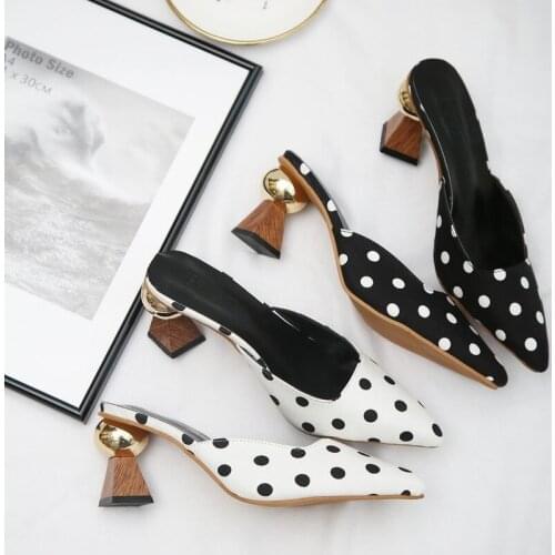 Akexiya 2021 Fashion Mules Polka Dot Women High Heels for Women Pointed Toe Slip Flip Flops Women Slippers Summer Women Shoes