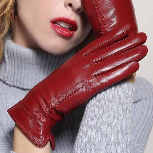 Genuine Leather Gloves Female Warm Thicken Driving Touchscreen Sheepskin Gloves Lady Leather Mittens MLZ036