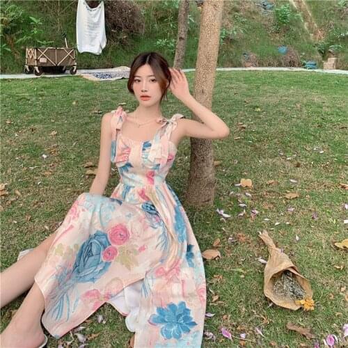 French Vintage Floral Dress Women Fashion Bow Strap Dress Female Seaside Beach Holiday Sleeveless Dresses