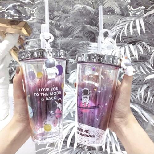 Portable Lovely Cartoon Mug Creative Double Layer Plastic Water Bottle With Straw Yogurt Mug Best Cup Kid Gift For Women Lovers