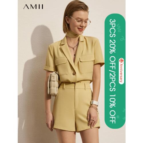 Amii Minimalism Spring Summer New Womens Shirt Causal Solid Lapel Belt Womens Blouse Offical Lady Womens Shorts 12130152