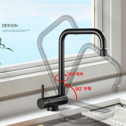 Black Folding Faucet In The Kitchen with Windows Hot and Cold Wash Basins Water Tap Rotatable Stainless Steel Mixer Household