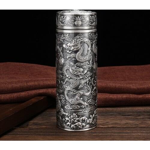 S999 Sterling Silver Vacuum Cup Handmade Chinese Dragon Totem Water Bottle Thermos for Tea