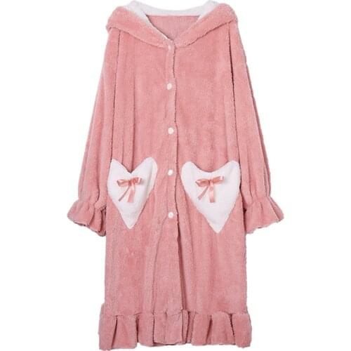 Autumn Winter Women Long Sleeve Nightgown Hooded Flannel Nightgowns Girls Night Dress Sleepwear Cute Princess Coral Fleece W1263