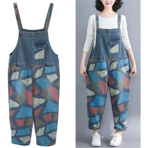 Women Geometric Print Denim Jumpsuits Overalls New Loose Patchwork Pocket Jean Pants Female Casual Rompers Plus Size macacao