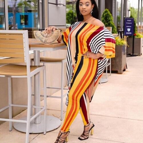 2 Piece Women Sets Urban Fashion Stripe Printing Irregular Sleeve T-Shirt + Casual Trouser Suit Summer New African Clothing