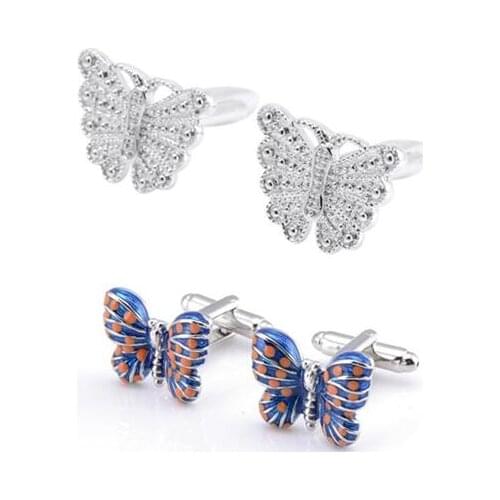 10pairs/lot Silver Crystal Rhinestone Butterfly Cufflinks Blue Enamel Butterfly Cuff Links Animal Cufflink Mens Jewelry